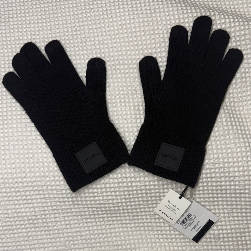 COACH Black 100% Wool Knit Tech Gloves - L/XL